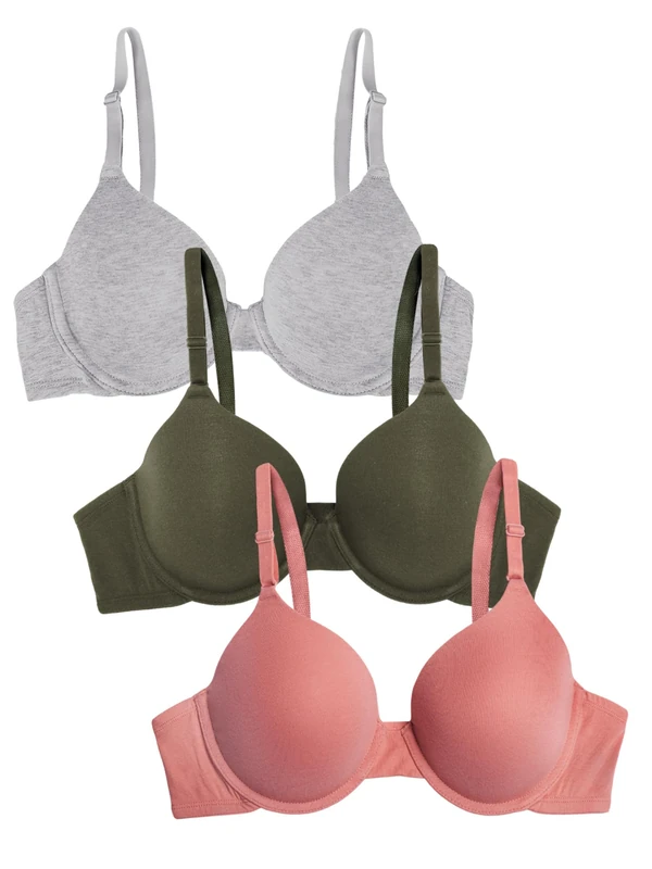 Fruit of the Loom Women's Smooth Cotton T-Shirt Bra-Ultra-Soft, Flexible, and Invisible Under Tees, Opaque, Desert Dusk/Grey Heather/Olive, 36D (Pack of 3)