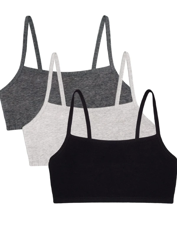 Fruit of the Loom Women's Spaghetti Strap Cotton Sports Bra-All-Day Comfort, Opaque, Black/Heather Grey/Charcoal, 38 (Pack of 3)