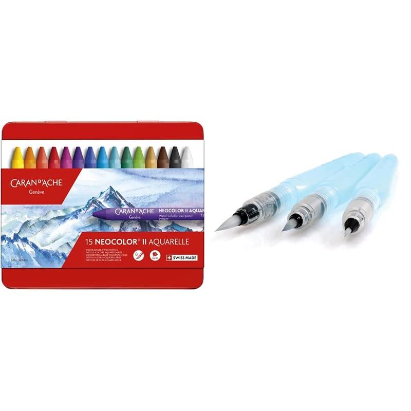 Caran d'Ache Caran d'AcheCreative Art Materials NeoColor II Water Soluble Wax Pastel Set, Multi-Colour, Pack of 15 & Pentel Aquash Brush FRH, Set of 3 Fine/Medium/Large Tips Water Reservoir Brushes