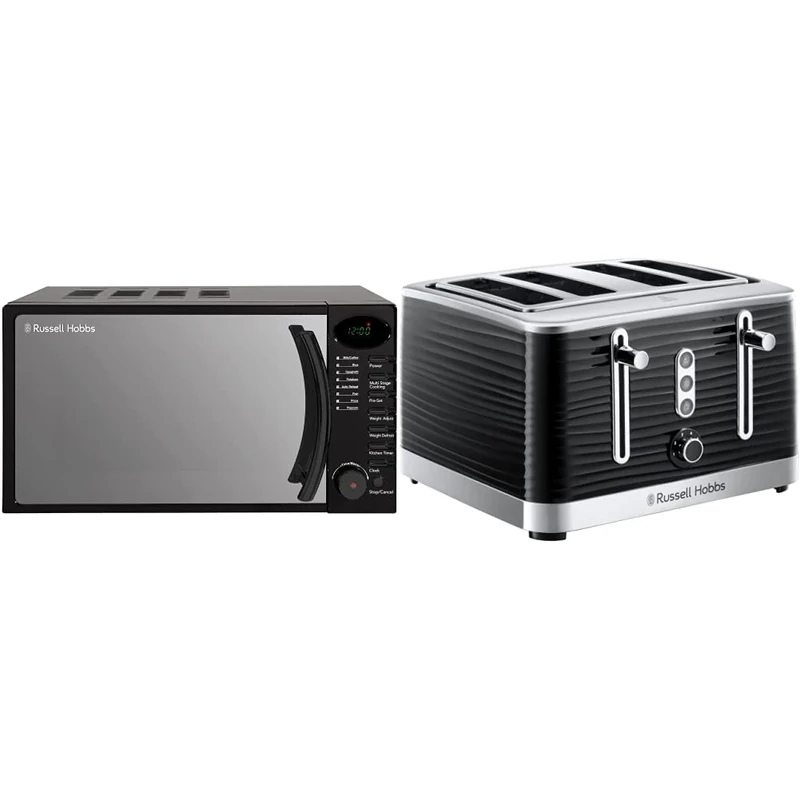 Russell Hobbs RHM1714B 17 Litre 700 W Black Digital Solo Microwave with 5 Power Levels, 8 Auto Cook Menus, Automatic Defrost, Easy Clean & 24381 Inspire High Gloss Plastic Four Slice Toaster, Black