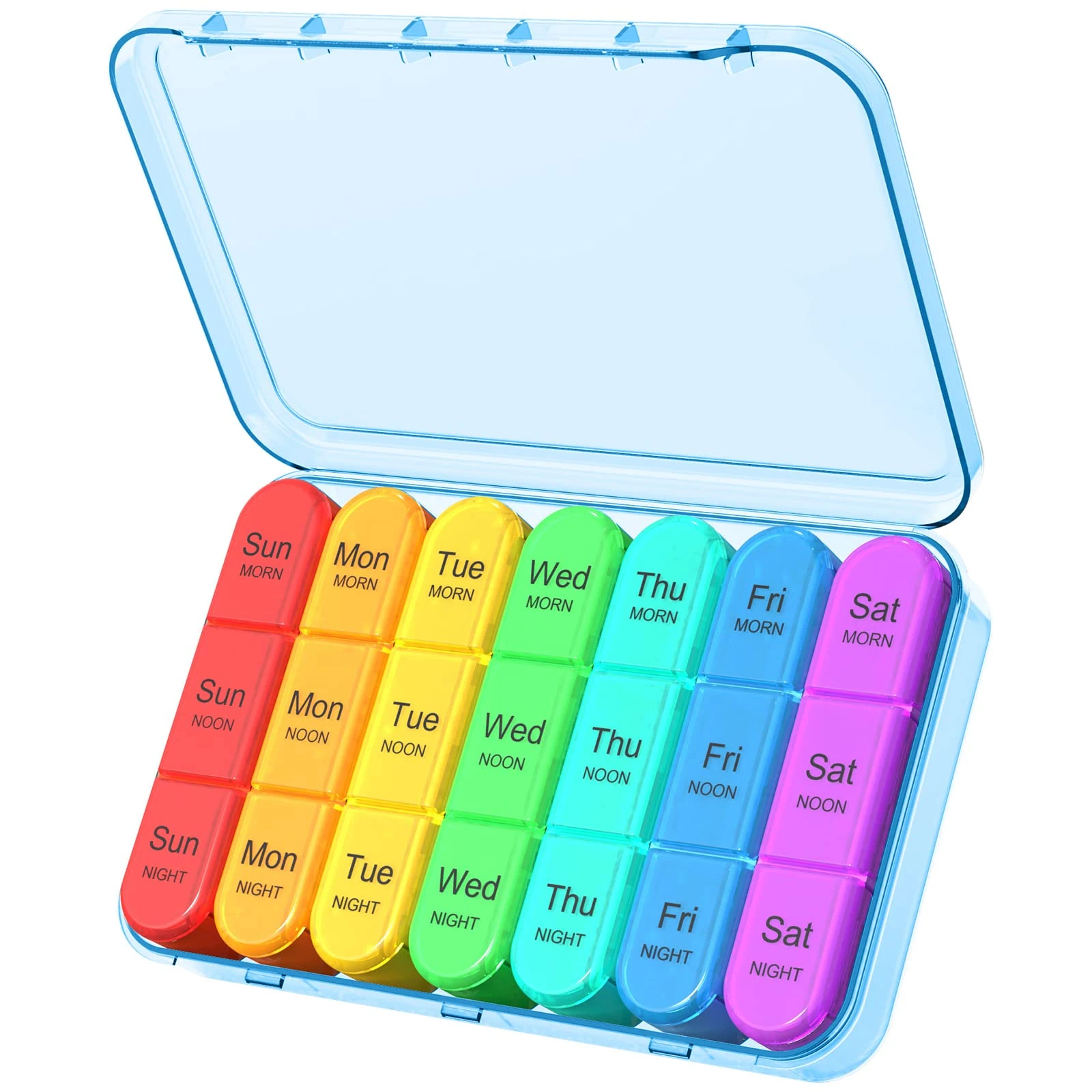 Daviky Pill Organiser Travel, Weekly Pill Box 7 Day 3 Times a Day, Daily Medicine Organizer Easy Use, Tablet Box with Large Compartments to Hold Vitamins and Medication (Blue)
