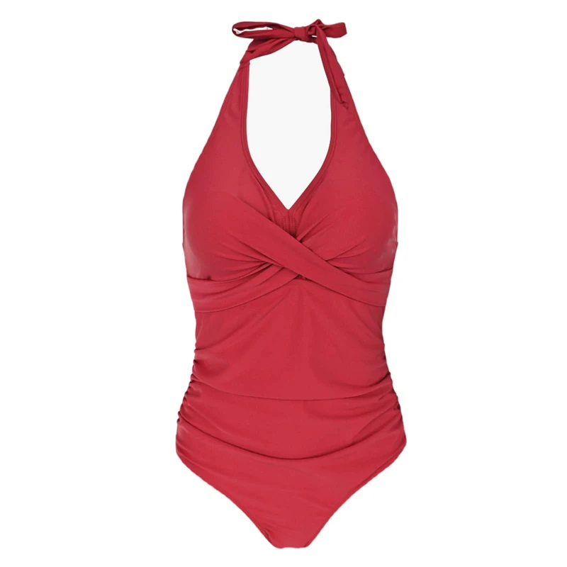 Kuukaas Women's Red Halterneck Swimsuit - Tummy Control Push-Up