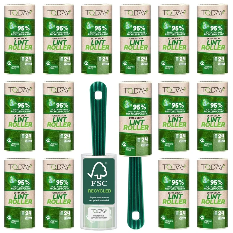 Today Eco - Lint Rollers 95% Recycled 16 Rolls + 2 Handles + Cover. Post-Consume Plastic Lint Remover for cat and Dog Hair, Extra Sticky pet Hair Remover