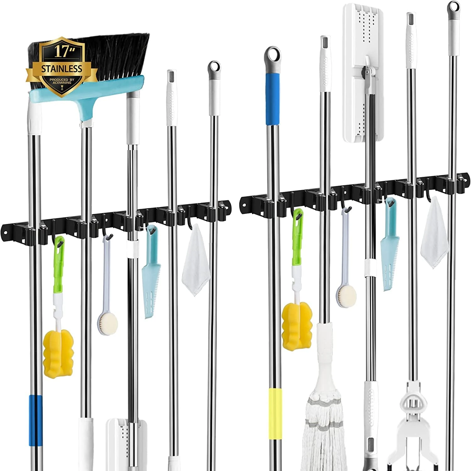 5 Holders+4 Hooks Black 2 Pack Broom Holder Wall Mounted with Nails Installation, Heavy Duty Stainless Steel Mop Holder, Brush Mop and Broom Storage Self Adhesive