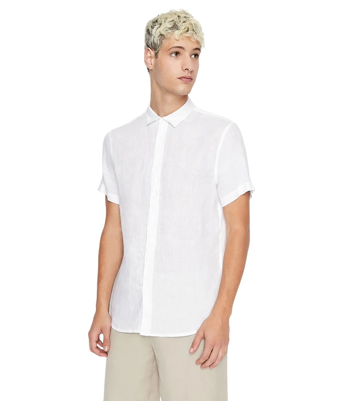 Armani Exchange Men's Short Sleeve Linen Button Down Shirt. Regular Fit. White,L, White, L
