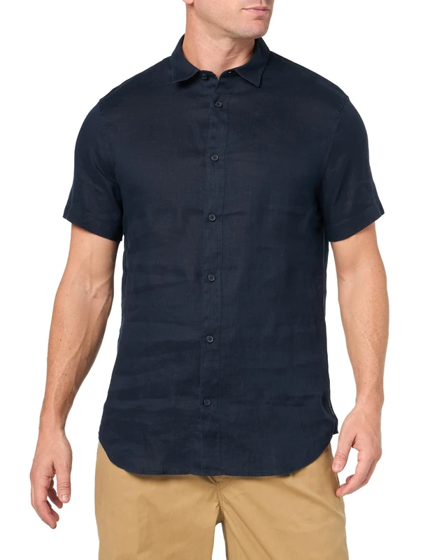 Armani Exchange Men's Short Sleeve Linen Button Down Shirt. Regular fit, Navy, M