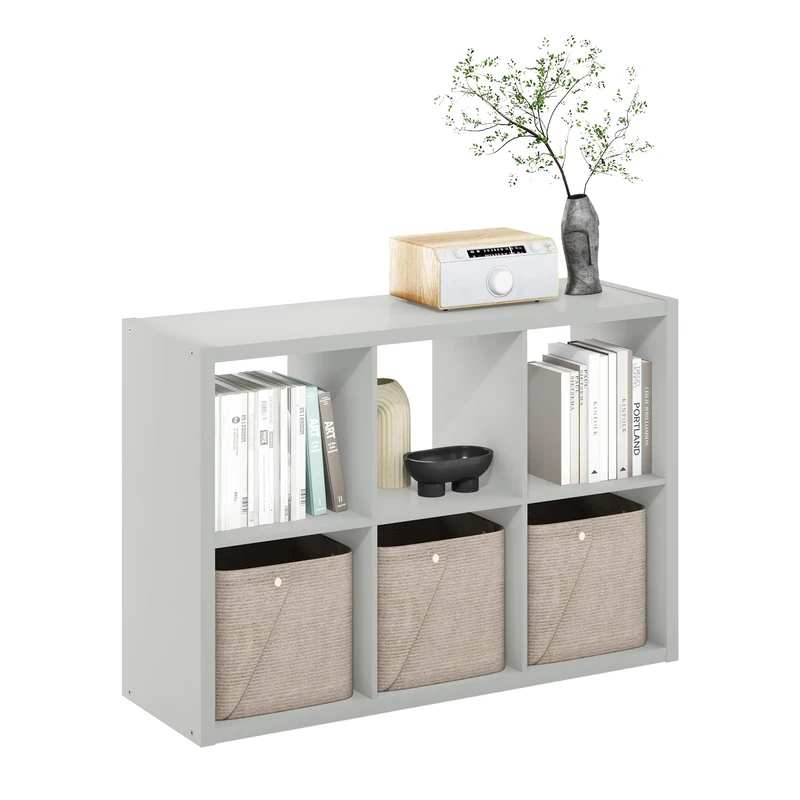 Furinno CUBICLE Book Shelf, 6-Cube Thick Frame Bookshelf, Horizontally & Vertically Reversible Bookcase with Open Back, 14.6 x 43.8 x 30, for Living Room, Bedroom, Home Office, Light Grey