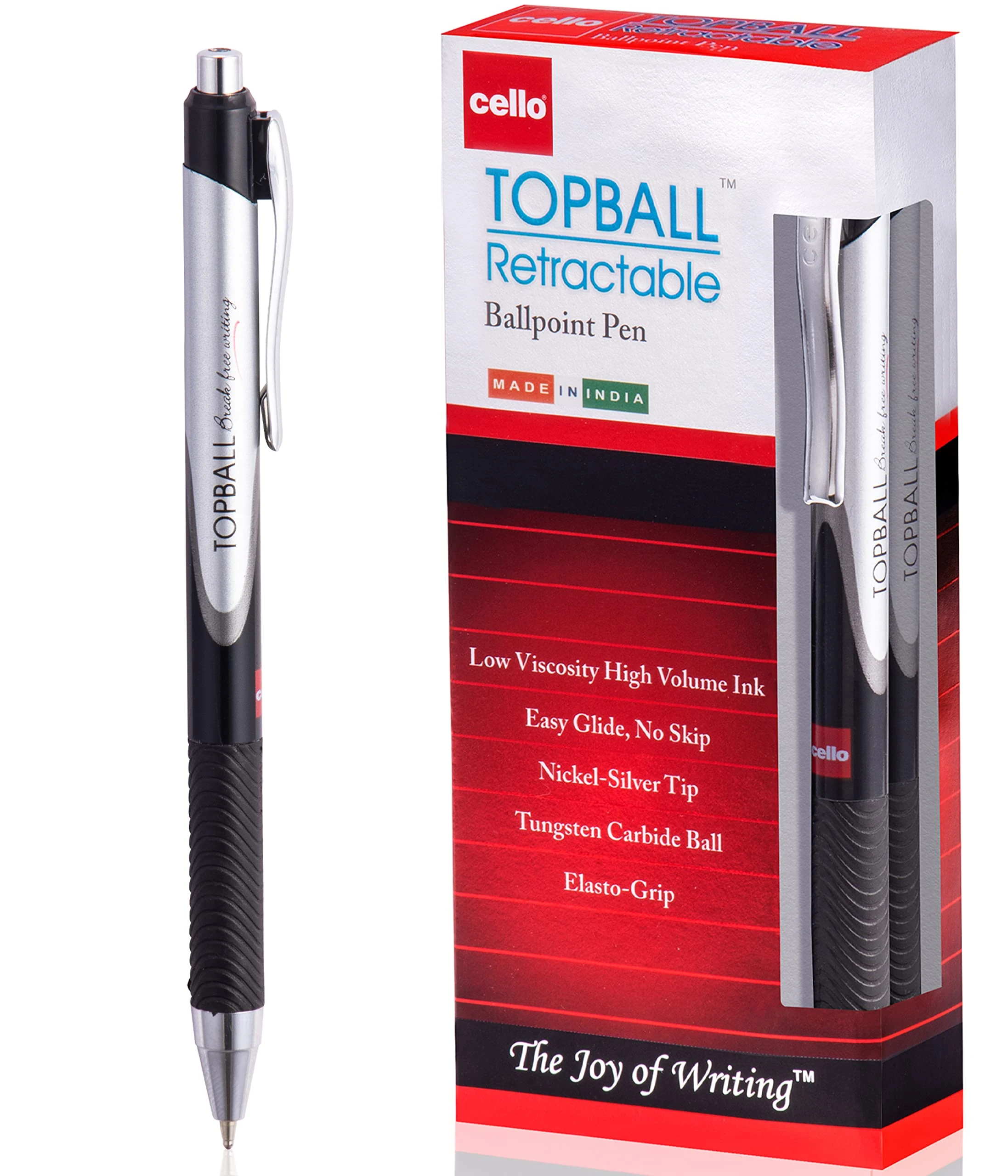 Cello Topball Grip Black Retractable Ballpoint Pens | Medium Point (1.0 mm) | Black Pens | Pack of 12 Biro, Ball Point Pens; Ideal for School, Work, Home stationary supplies