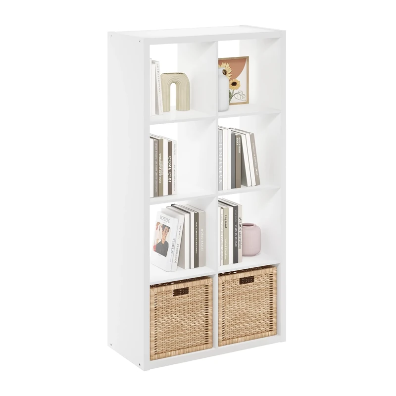 Furinno CUBICLE Book Shelf, 8-Cube Thick Frame Bookshelf, Horizontally & Vertically Reversible Bookcase with Open Back, 14.6 x 30 x 57.9, for Living Room, Bedroom, Home Office, White