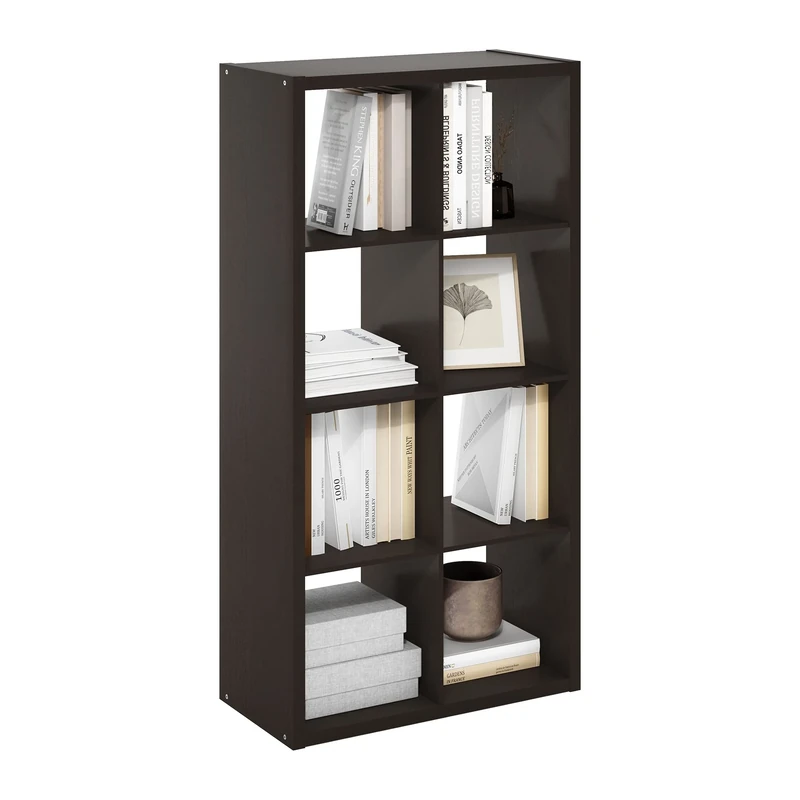 Furinno CUBICLE Book Shelf, 8-Cube Thick Frame Bookshelf, Horizontally & Vertically Reversible Bookcase with Open Back, 14.6 x 30 x 57.9, for Living Room, Bedroom, Home Office, Black Dark Oak