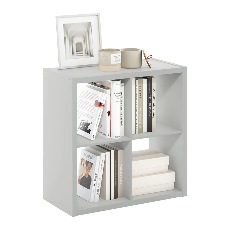 Furinno CUBICLE Book Shelf, 4-Cube Bookself, Thick Frame Bookcase with Reversible Open Back, 14.6 x 30 x 30, for Living Room, Bedroom, Home Office, Light Grey