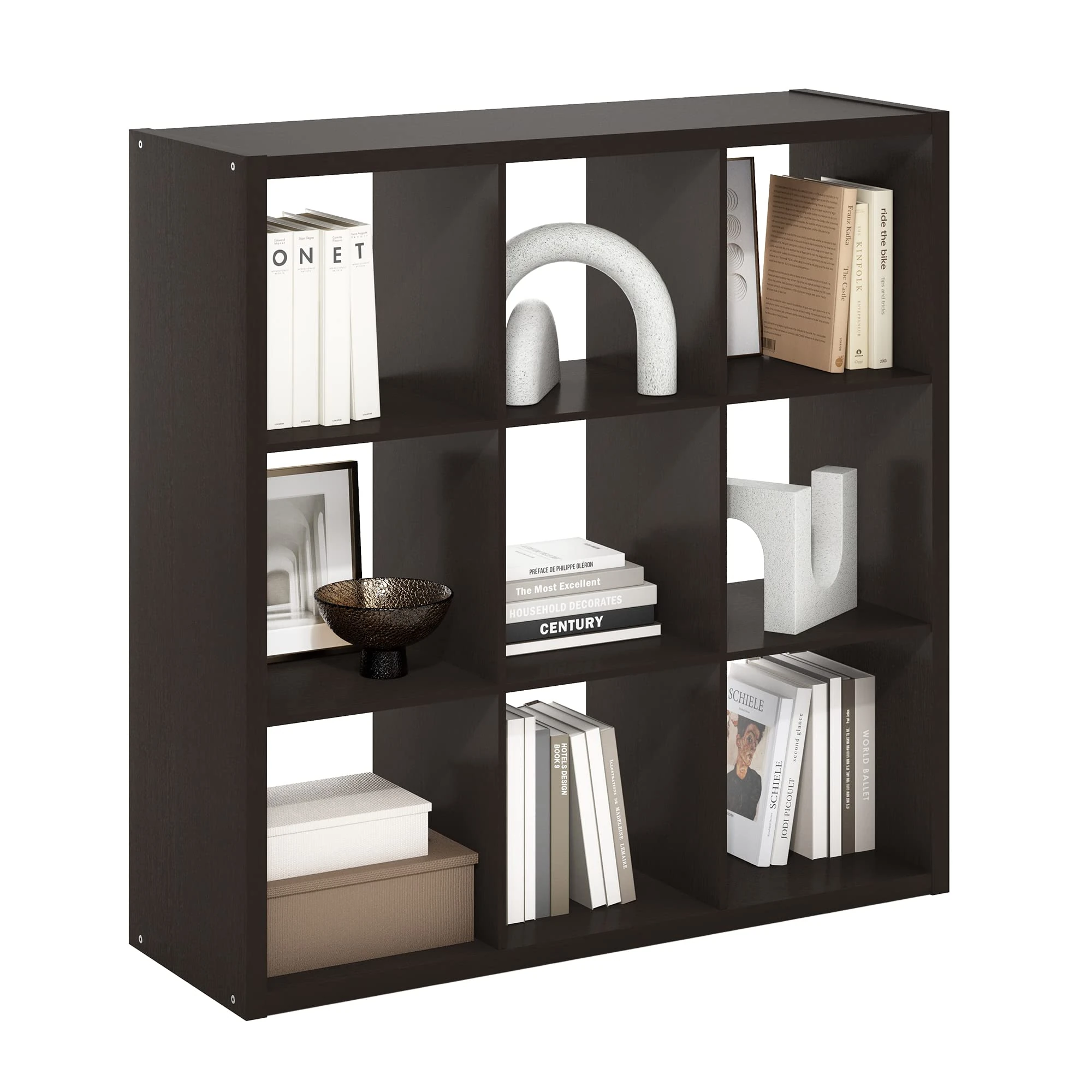 Furinno Cubicle Open Back Decorative Cube Storage Organizer, 9-Cube, Dark Oak