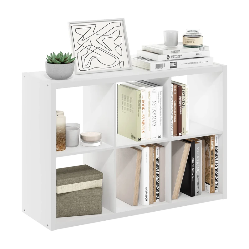 Furinno CUBICLE Book Shelf, 6-Cube Thick Frame Bookshelf, Horizontally & Vertically Reversible Bookcase with Open Back, 14.6 x 43.8 x 30, for Living Room, Bedroom, Home Office, White