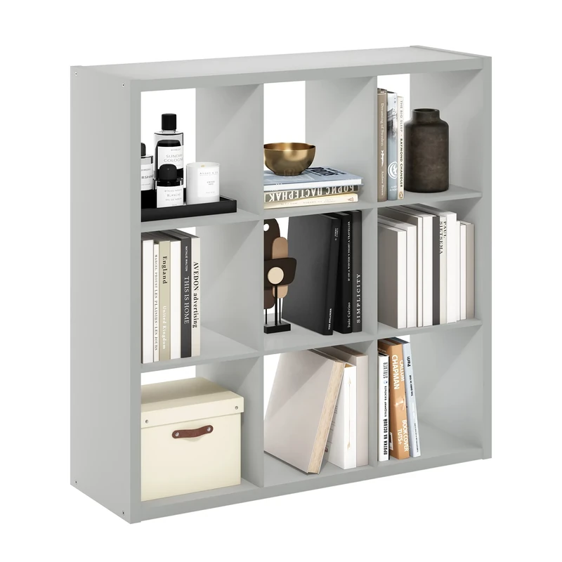 Furinno CUBICLE Book Shelf, 9-Cube Thick Frame Bookshelf, Reversible Bookcase with Open Back, 14.6 x 43.8 x 43.8, for Living Room, Bedroom, Home Office, Light Grey