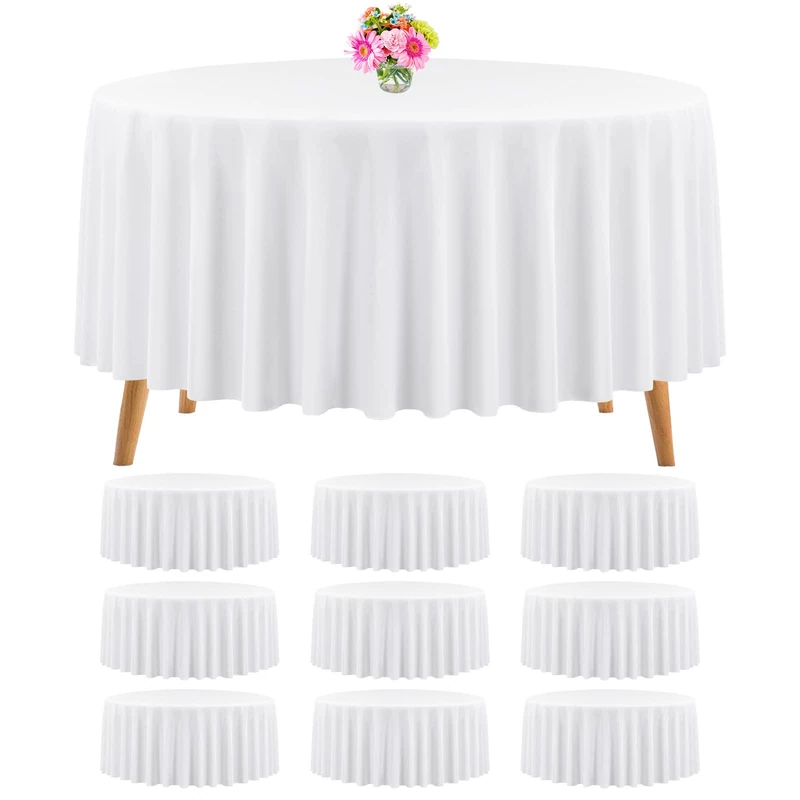 10 Packs Premium Round Tablecloth 120 Inch White Polyester Table Cloth Bulk Washable Polyester Fabric Tablecloths Table Cover for Wedding Party Banquet Buffet Table Holiday Dinner (White, 120 Inch)