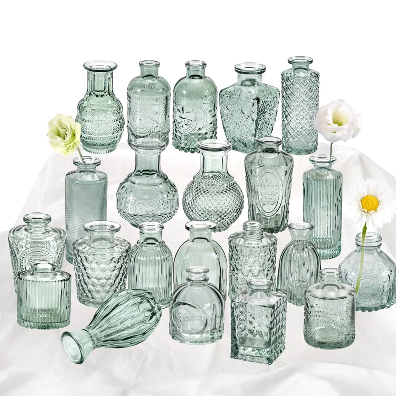 Green Glass Bud Vase Set of 22, Small Vases for Flowers, Clear Glass Vases for Centerpieces, Mini Bud Vases in Bulk Rustic Wedding Decorations, Centerpieces, Vintage Look Home Table Flower Decor - Image 1