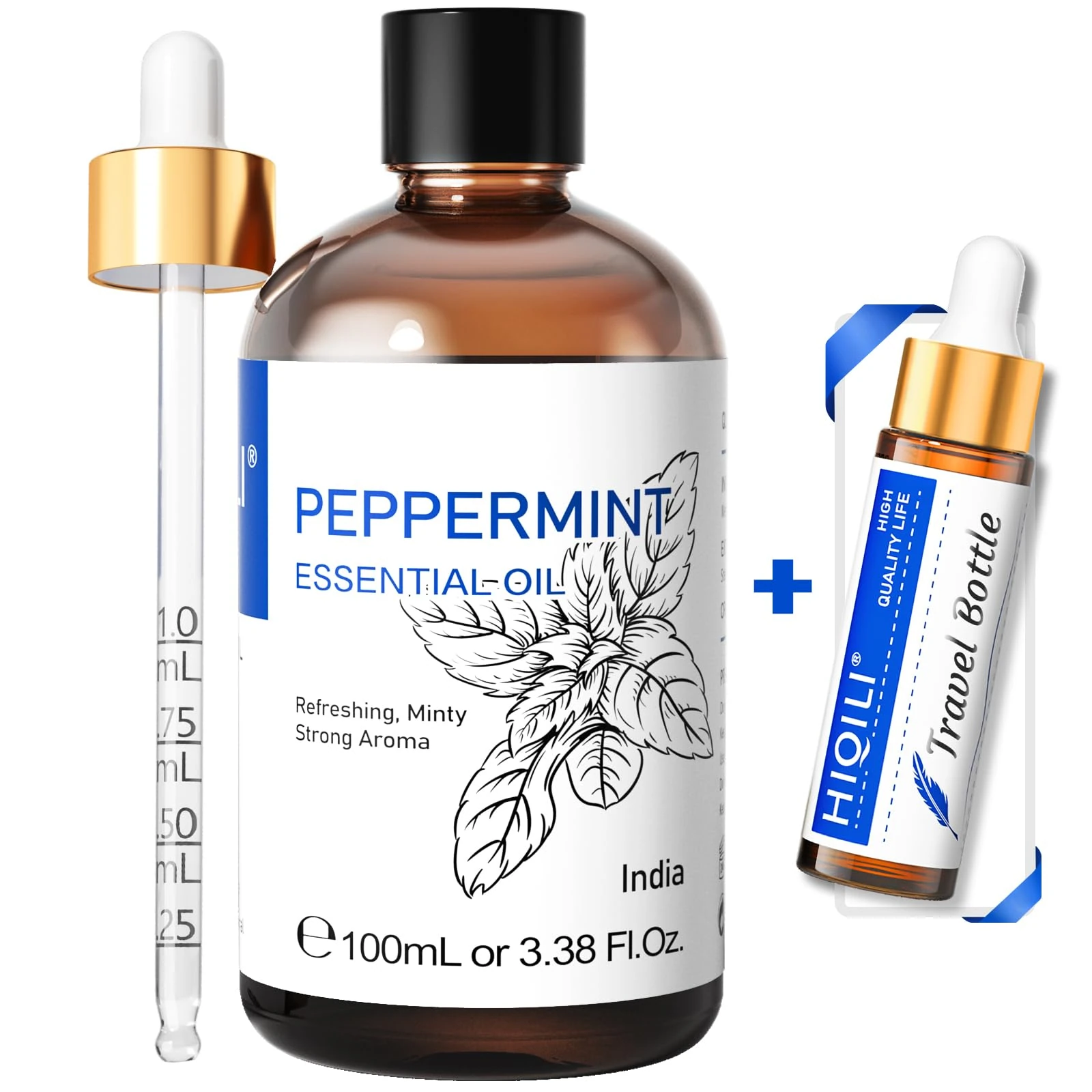 HIQILI 100ML Peppermint Essential Oil Add to Spray, Diffuser, Can Enjoy Air Freshening, Use in Kitchen, Bedroom, Office, Extra Free Travel Bottle
