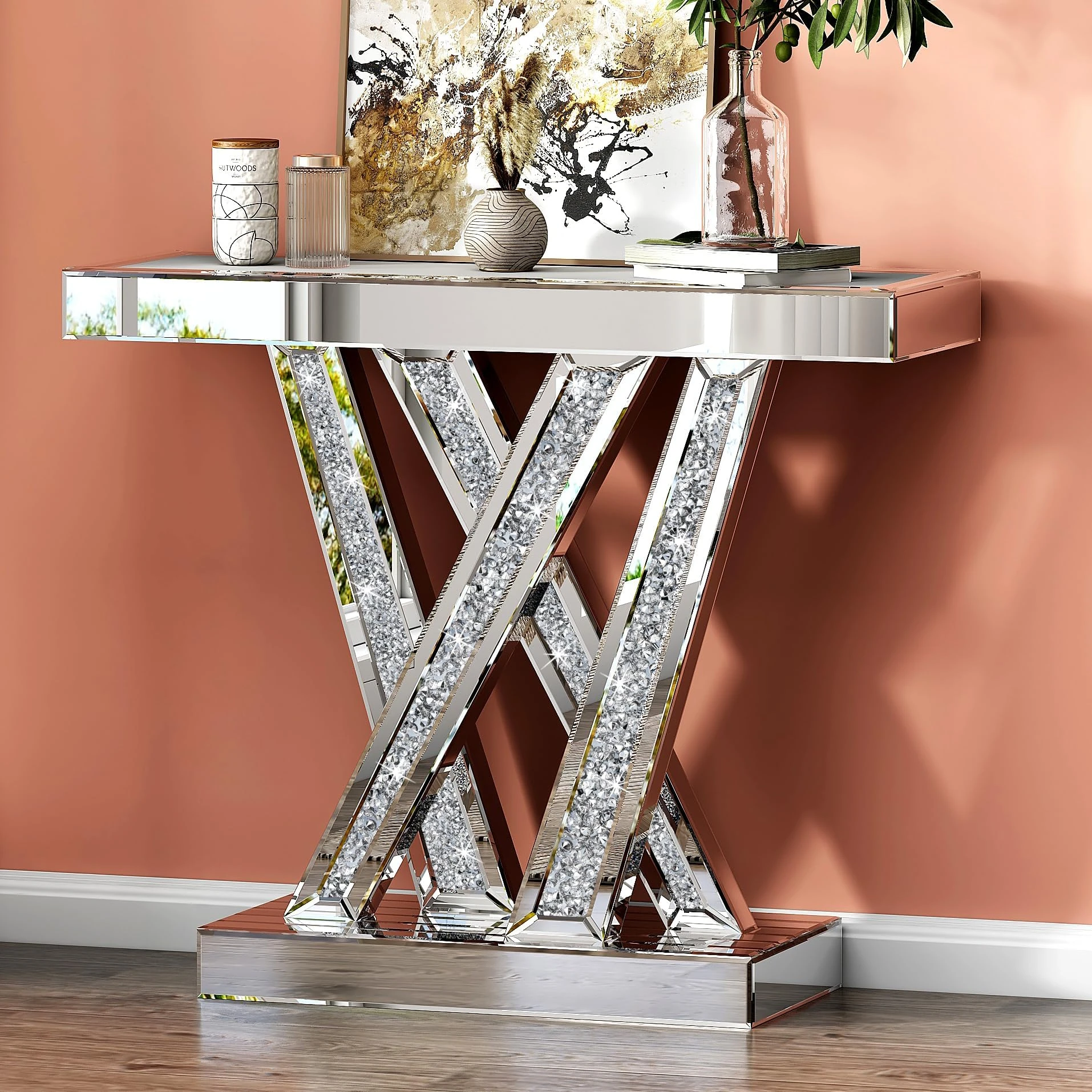 SHYFOY Luxury Console Table Glass Mirror and Crystal Diamond Design, Modern Furniture for Living Room, Hallway - Silver, 90 x 30 x 75 cm (L x W x H)