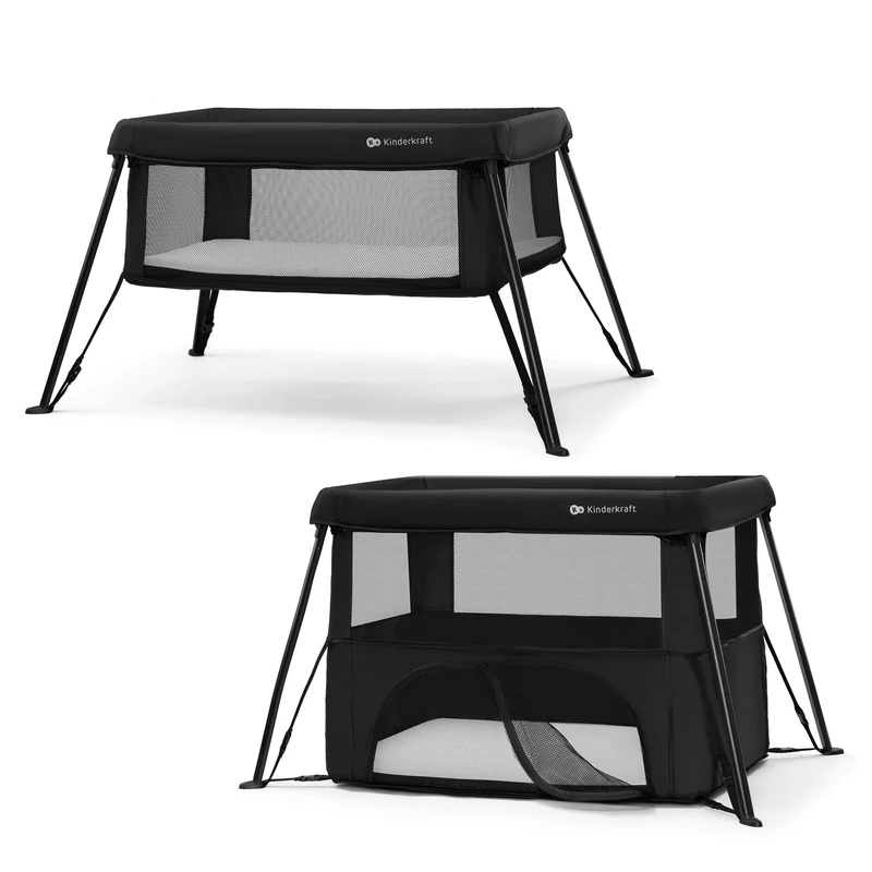 Kinderkraft CAMI 3-in-1 Baby Bed, Travel Cot for Babies from Birth to 3 Years, Playpen Function, Easy Compact Folding, Travel Backpack Included, Two Levels, Black