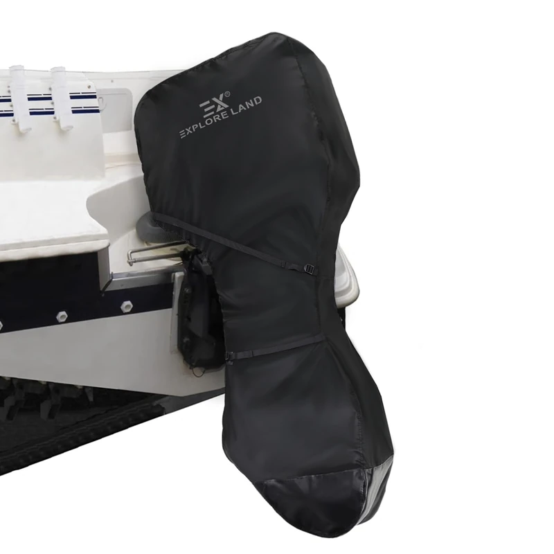 Explore Land UV-Resistant Full Outboard Motor Cover - Waterproof 600D Heavy Duty Boat Engine Covers Fit for Motor 100-150 HP, Black