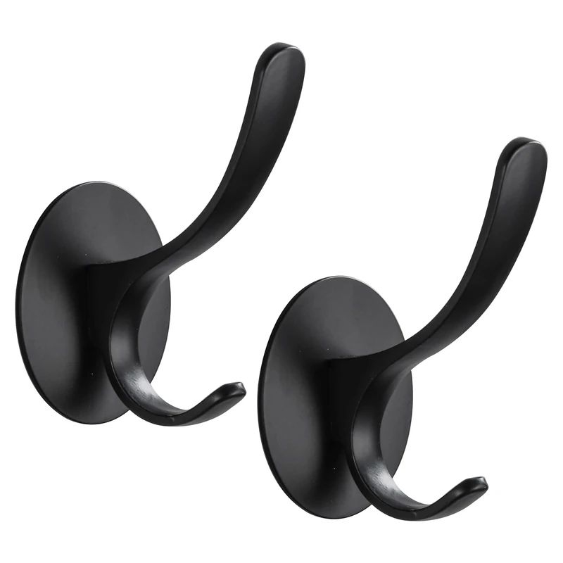 GERUIKE Adhesive Hooks Heavy Duty Stick on Coat Hooks Wall Mounted Double Hook Design, Strong Sticky 20KG(MAX), 2 Pack Black Door Hooks for Hanging Towel Coat Hat Robes in Bathroom Kitchen Bedroom