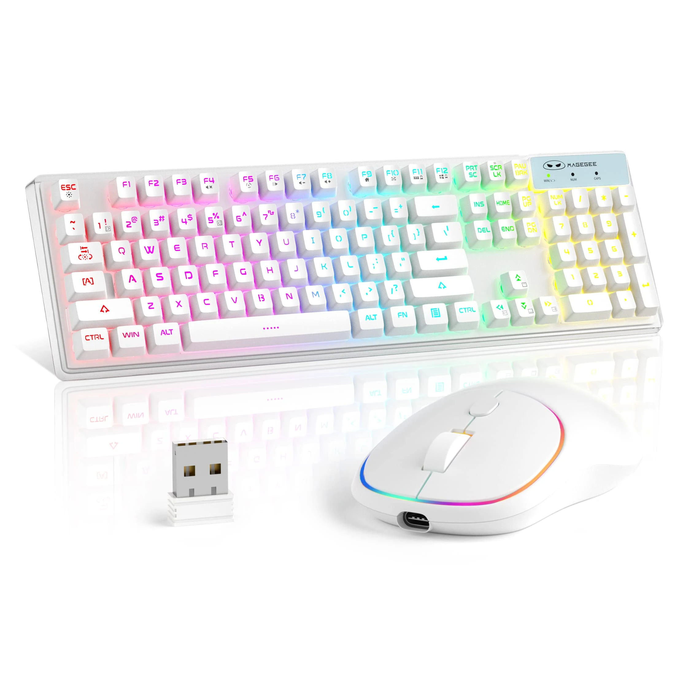 MageGee V550 Wireless Gaming Keyboard & Mouse Combo, Rechargeable RGB Backlit, Waterproof, LED Mice for PC/Laptop - White