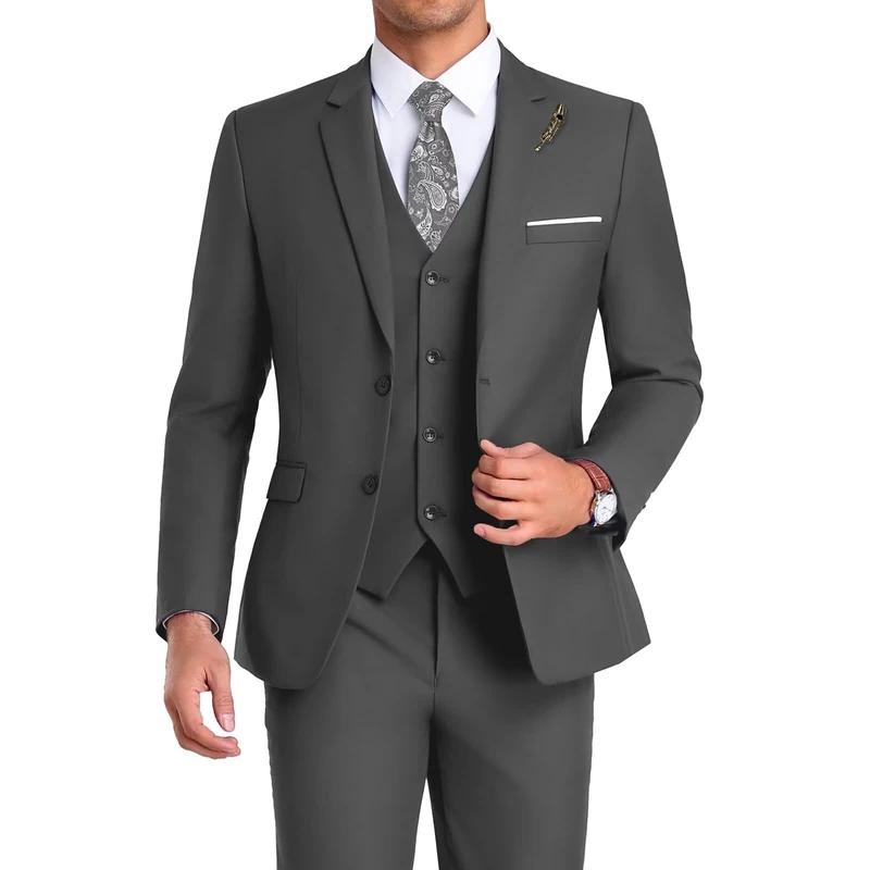 Mrbuerly Men Suit 3 Pieces Slim Fit, 2 Buttons Groomsmen Business Jacket Vest Pant Prom Tuxedo with Tie, Dark Gray, XL