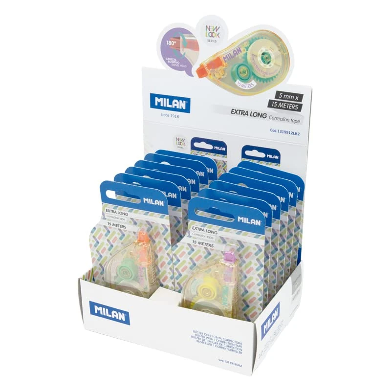MILAN® Display Box 12 Blister Correction Tape 5mm x 15m New Look Series