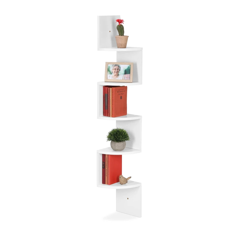 Relaxdays Corner Shelf, 5 Compartments, Hanging Bookshelf, Space-Saving Zigzag Design, MDF, 122 x 19.5 x 19.5 cm, White, Fibreboard
