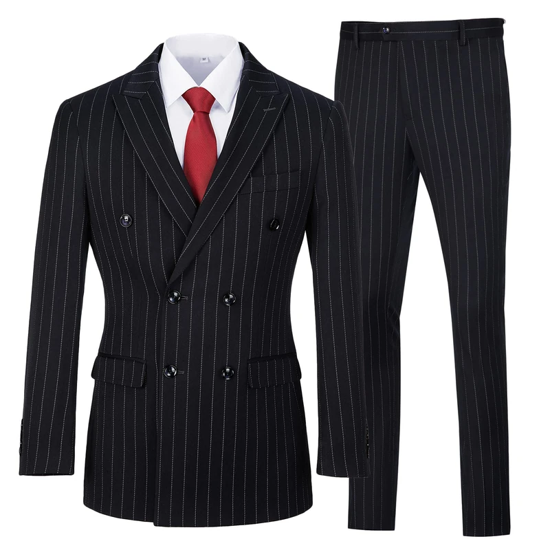 Mens Suits Slim Fit 3 Piece Double Breasted Pinstripe Tuxedo Suit Set for Wedding Prom, Navy Blue, XS