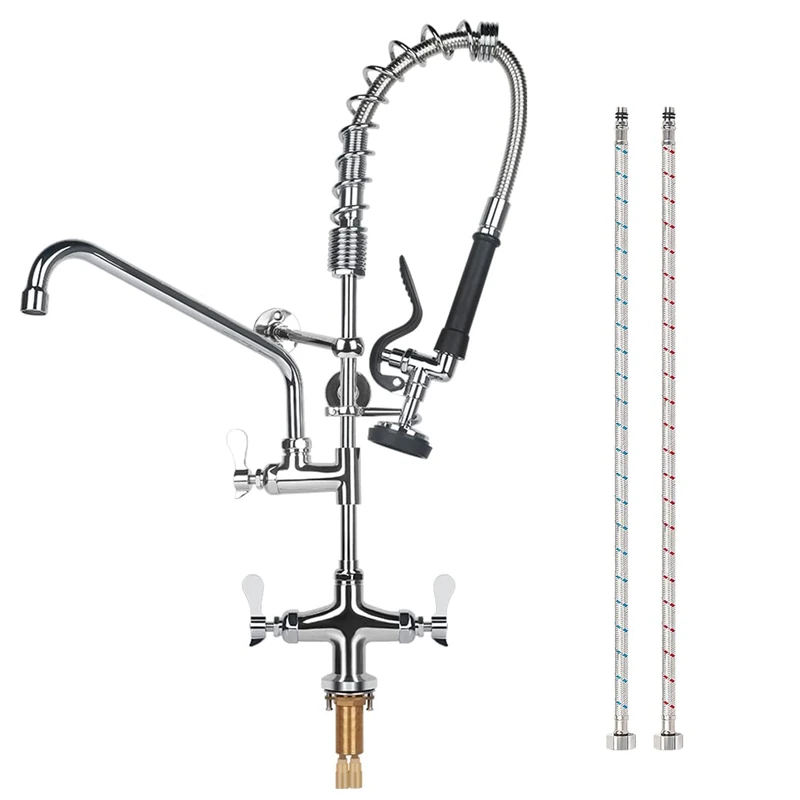 TNROTED 27 inch Height Deck Mount Commercial Faucet with Pre Rinse Sprayer, Single Hole Commercial Restaurant Kitchen Sink Faucet with 12” Swing Spout for Commercial Kitchens Restaurant Hotel