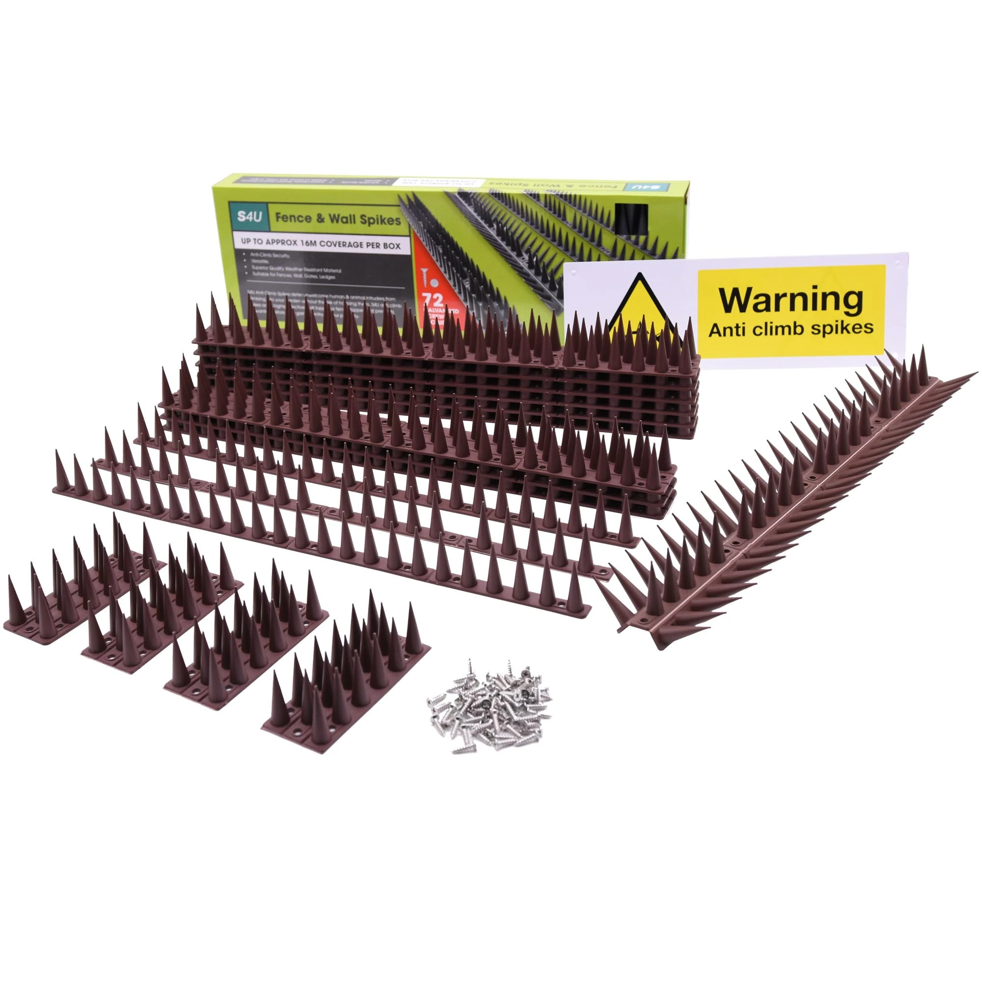 Fence Wall Spikes 12pcs Garden Tall Bird Spikes Cat Pigeon Deterrent Coverage between 5.3m to 15.90m Per Box Anti Climb 44 x 4.3 x 3.8cm Warning Sign Included & Screws (Brown)