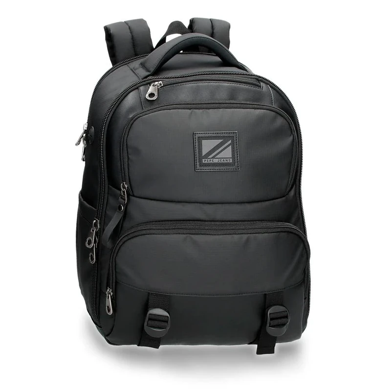 Pepe Jeans Straps Backpack for Laptop Double Compartment Adaptable 15.6" Black 33x40x17 cms Polyester with Synthetic Leather details 22.44L