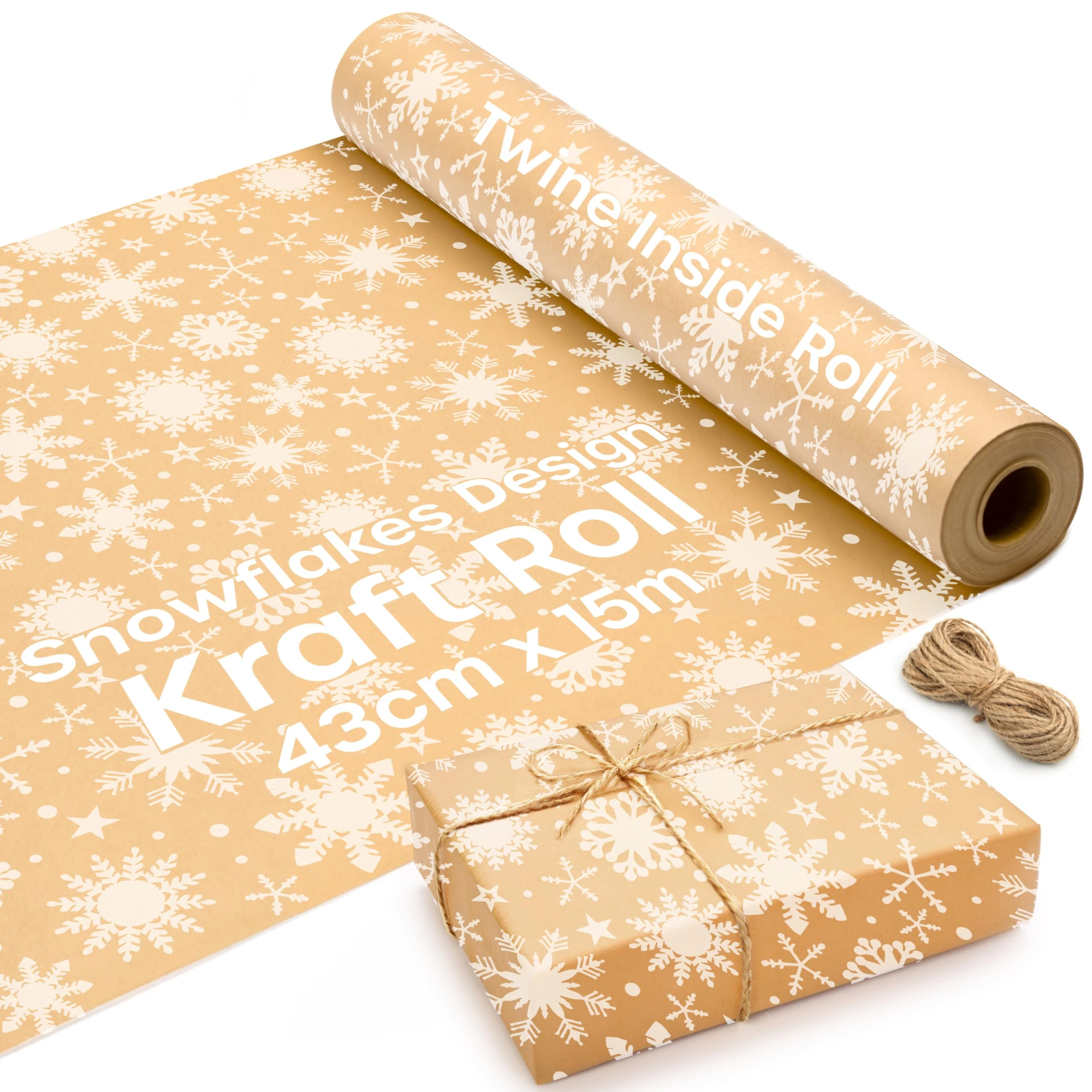 volila 15M Kraft Wrapping Paper Roll, Brown Craft Paper with Snowflake Design for Eco-Friendly Christmas Gifts (43cm Wide)