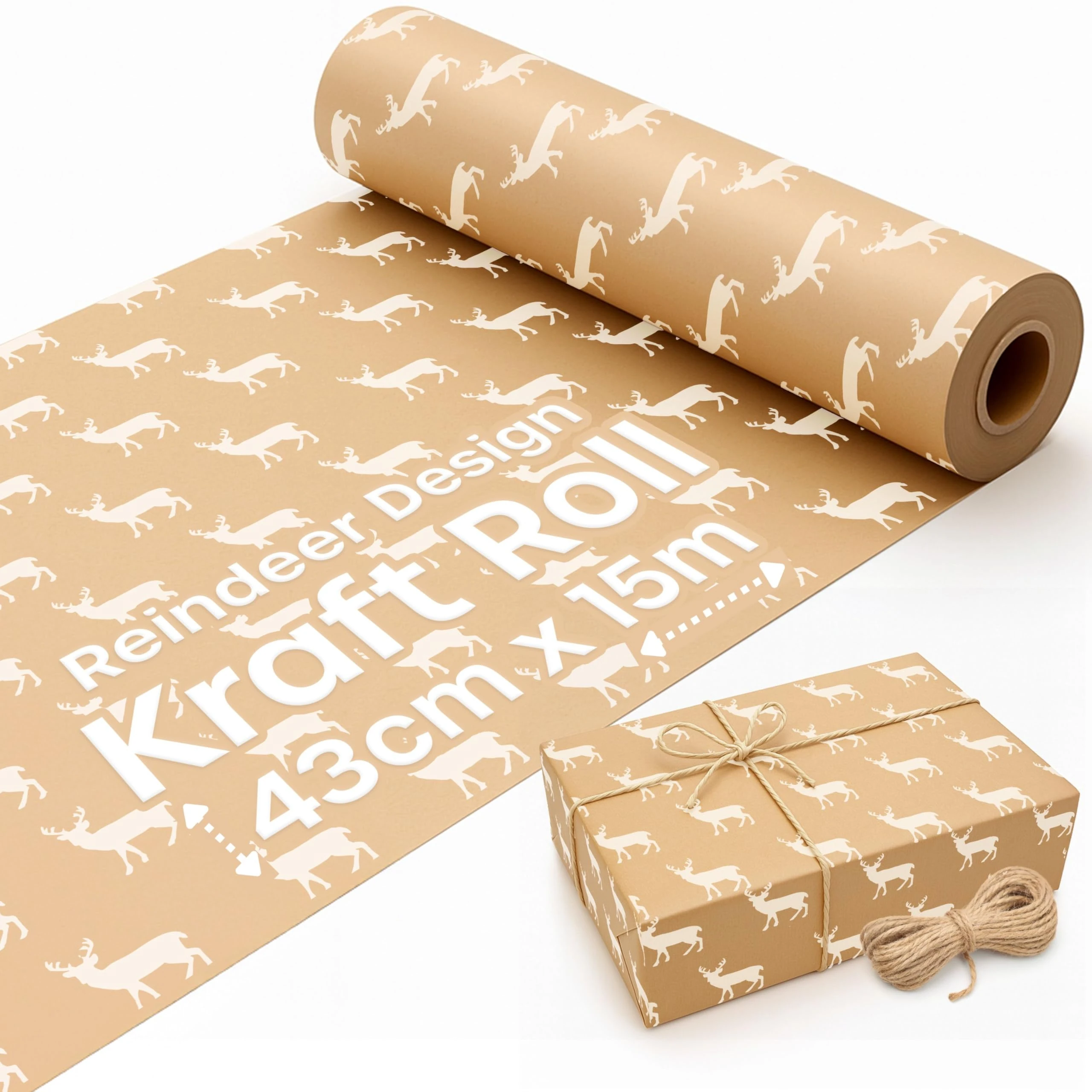 15M Kraft Wrapping Paper, Christmas Wrapping Paper Roll for Eco Recyclable Xmas Gift Wrap - Brown Craft Paper with Reindeer Design for Gifts (43cm Wide)