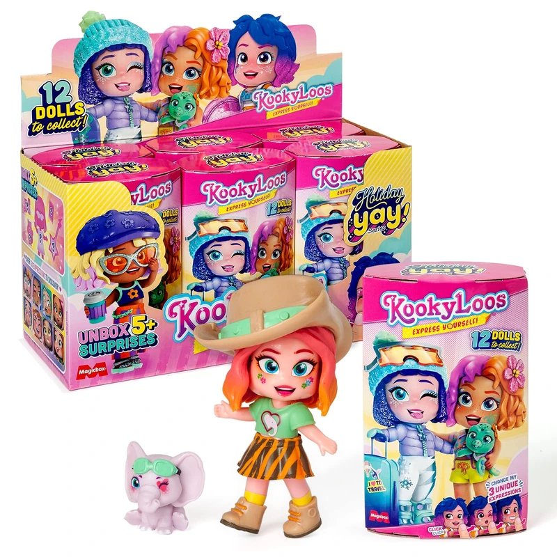 KOOKYLOOS Holiday Yay! Series - Box of 6 Collectible Dolls with Fashion Accessories, Clothing, Shoes and Toys, with 3 Fun Expressions - Version B