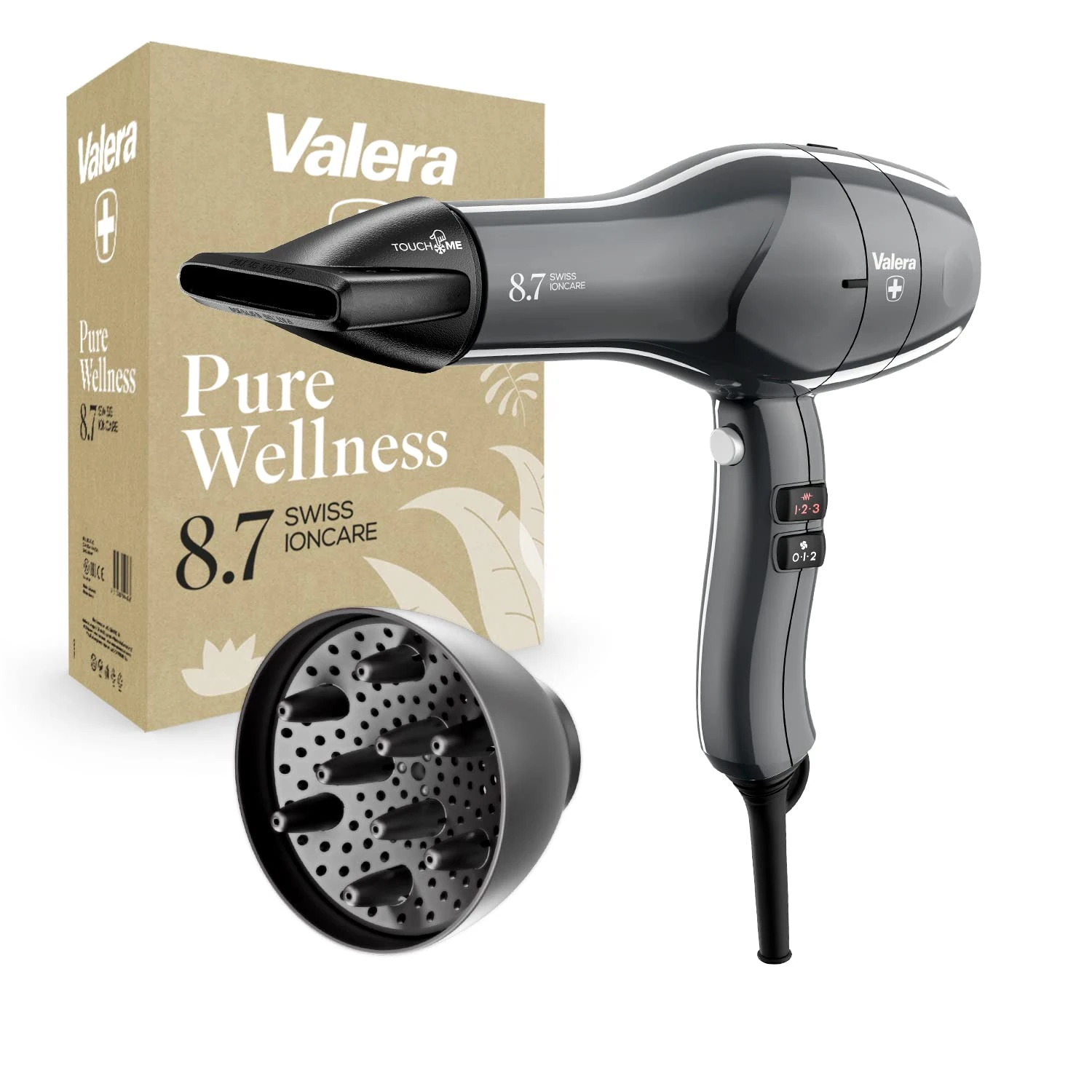 Valera, Swiss Ioncare 8.7, Professional and Silent Hairdryer with Diffuser for Curly Hair, Ionic Hairdryer with 3 Temperature Settings, Cold Air Function, Anti-Twisting Cable, 2400 W, Swiss Made
