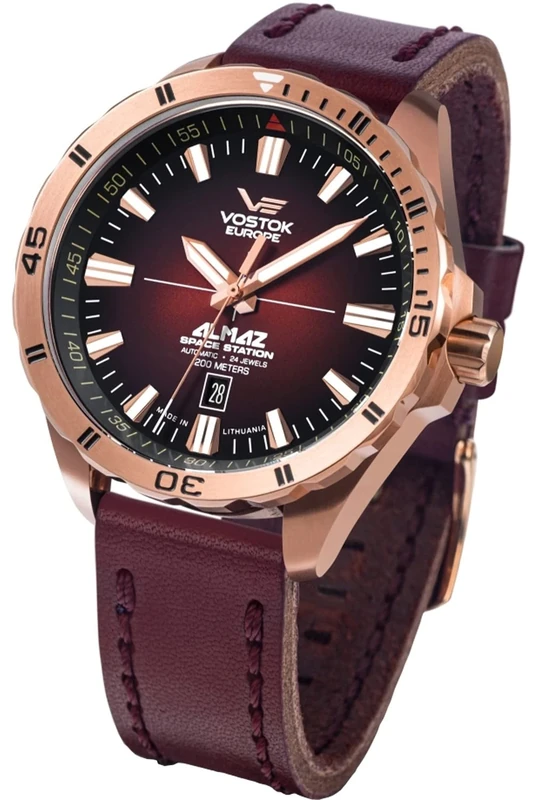 Vostok Europe Men's Analogue Automatic Watch with Leather Strap 320B679, red, Strap.