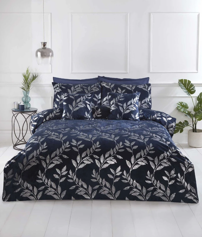 Rapport Home Navy Blue Bedding Set Elegant Floral Foil Printed Duvet Cover Kingsize Crushed Velvet Quilt Cover Set (230 x 220 cm) - Image 1
