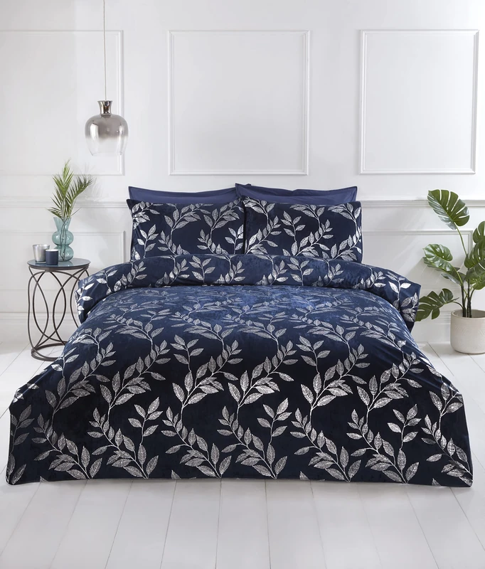Rapport Home Navy Blue Bedding Set Elegant Floral Foil Printed Duvet Cover Set Super King Crushed Velvet Quilt Cover Set (260 x 220 cm) - Image 1