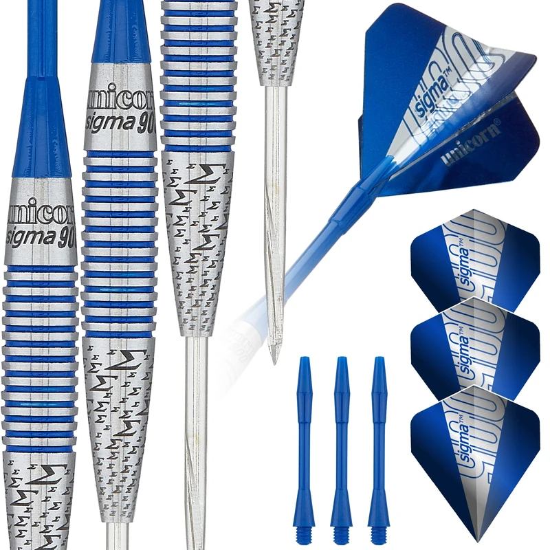 Unicorn Steel Tip Darts Set | Sigma 900 | 90% Natural Tungsten Barrels with Blue Accents & Volute Points | 23 g