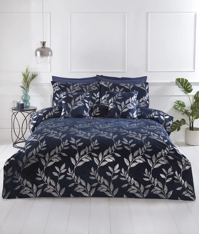 Rapport Home Navy Blue Bedding Set Elegant Floral Foil Printed Duvet Cover Set Super Double Size Crushed Velvet Quilt Cover Set (200 x 200 cm)
