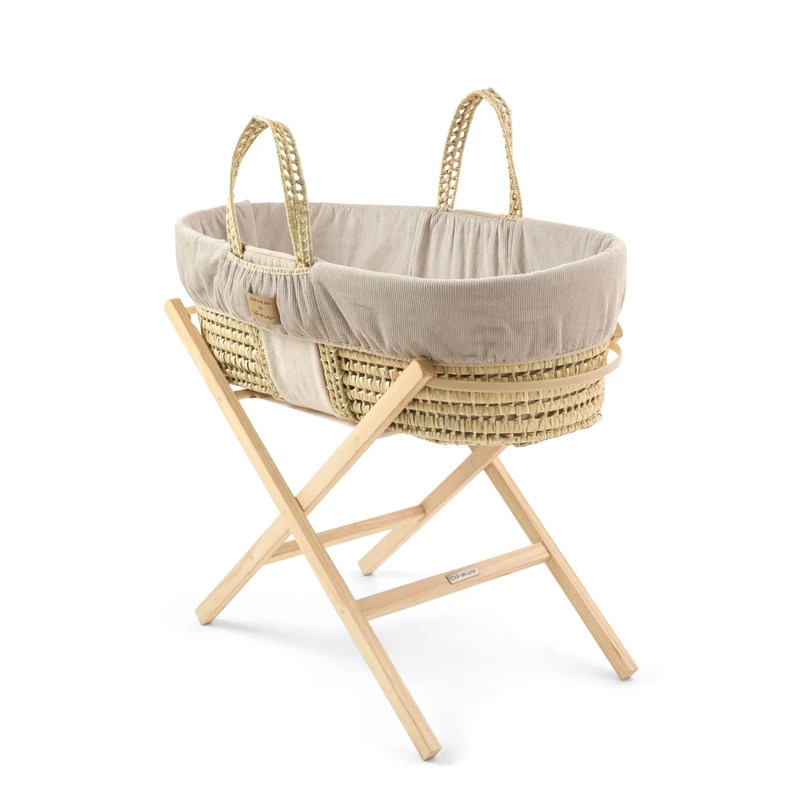 Clair de Lune Cord Reversible Palm Moses Basket and Folding Stand Bundle - 75 x 28 cm (Beige)