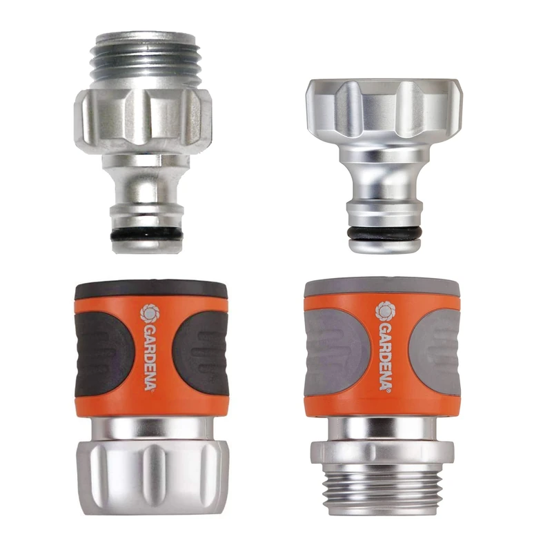 Gardena 39042-M 4 Piece Premium Metal Quick Connector Starter Set, Silver,Orange, Grey, Black