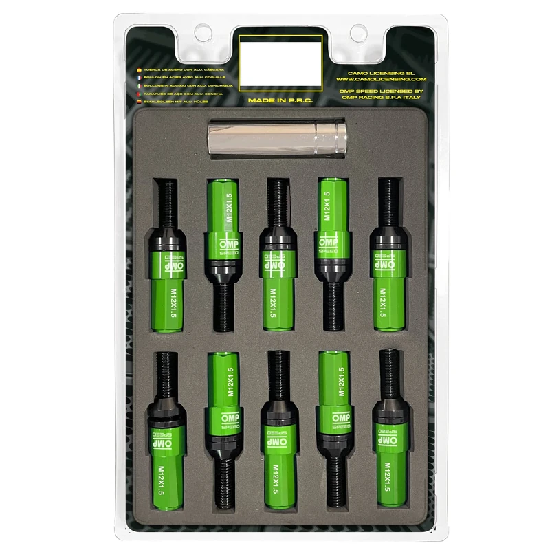 OMP SPEED Set of 20 Black Wheel Screws with Metric M12 x 1.5 Wrench 17-19 Long Threaded 28 mm with Aluminium Green Protector 7075 + DIN 12.9