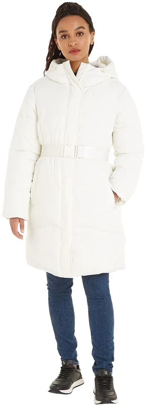 Calvin Klein Jeans Women Coat Logo Belt Long Puffer Winter, White (Ivory), M