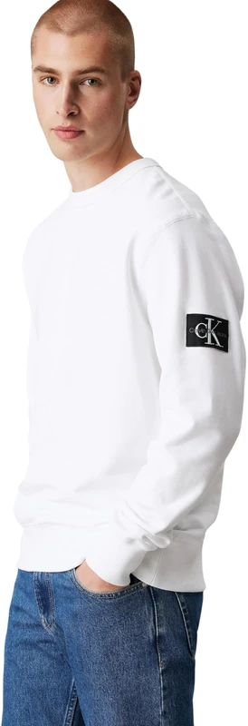 Calvin Klein Men’s Crew Neck Badge Cotton Sweatshirt, White (Bright White), L