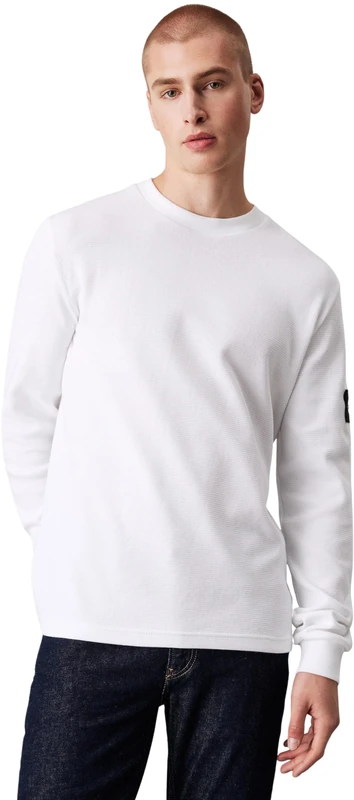 Calvin Klein Jeans Men Long-Sleeve T-Shirt Badge Waffle LS Basic, White (Bright White), XS