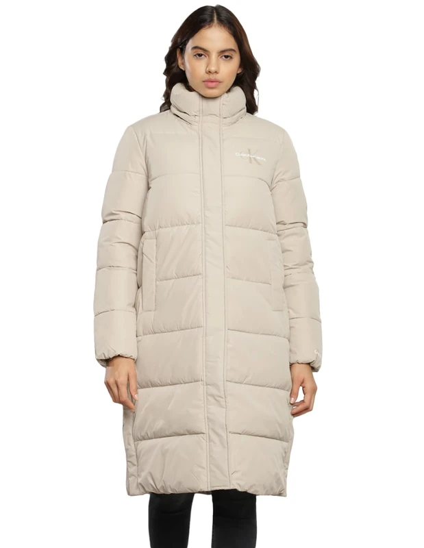 Calvin Klein Jeans Women Coat Monologo Non Down Long Puffer Winter, Beige (Plaza Taupe), S