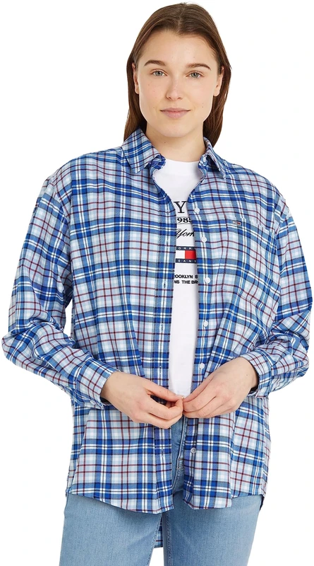 Tommy Jeans Women's Check Overshirt Long Sleeve, Multicolor (Blue Check), L